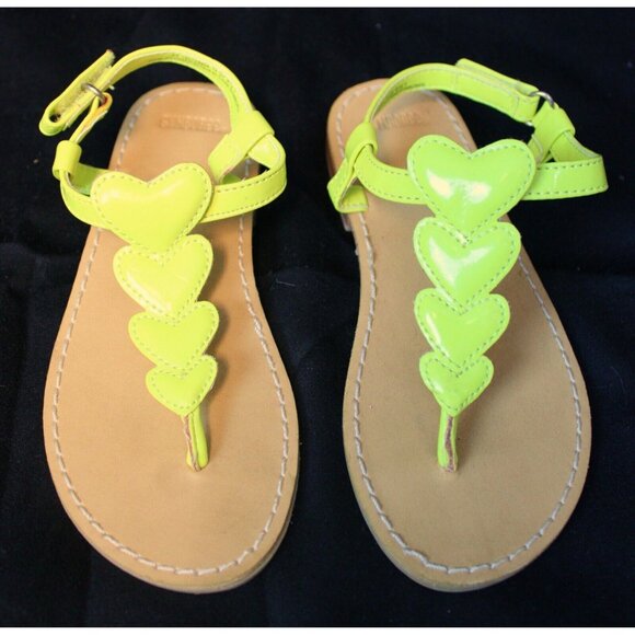 Gymboree Bright Ideas Neon Yellow Sandals sz 11 Puff Heart T-Shape Summer Beach - Picture 1 of 7